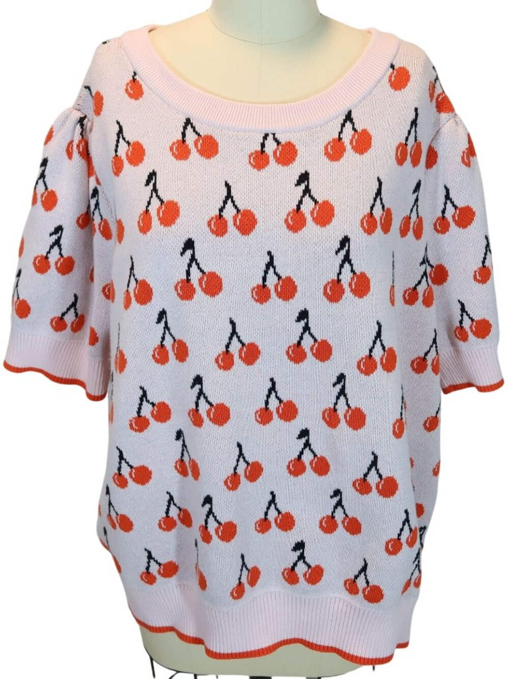 ON 34TH Cherry Print Short Sleeve Cotton Blend Sweater Size 3X Novelty Pink Red